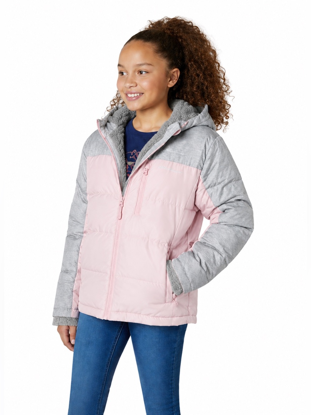 Eddie Bauer Kids Soft Pink and Grey Fleece Lined Hooded Puffer Jacket - NWT